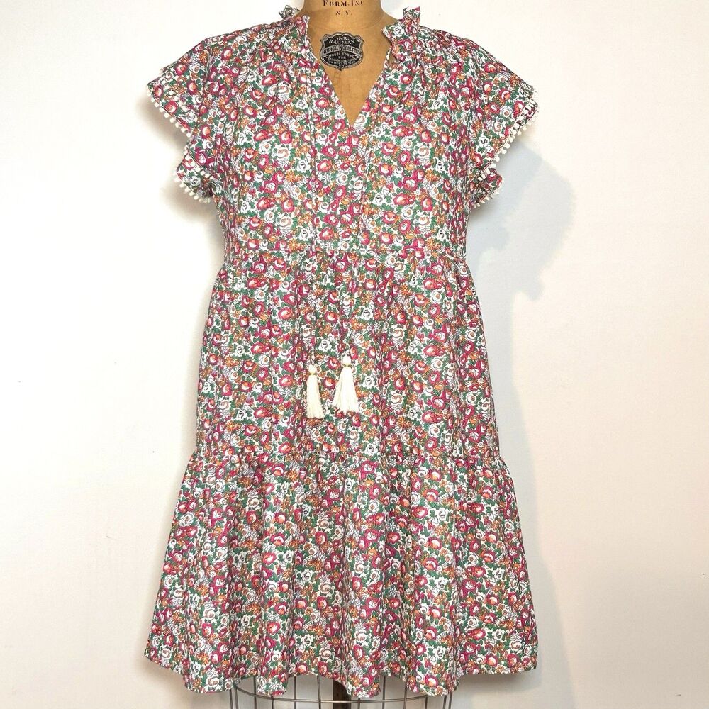 THML Floral Mini Dress Boho Ruffle Sleeve Tassel Tie Tiered Small